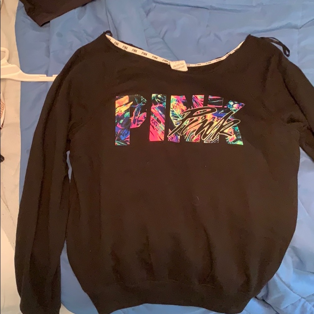 Pink Victoria’s Secret black crew neck sweatshirt